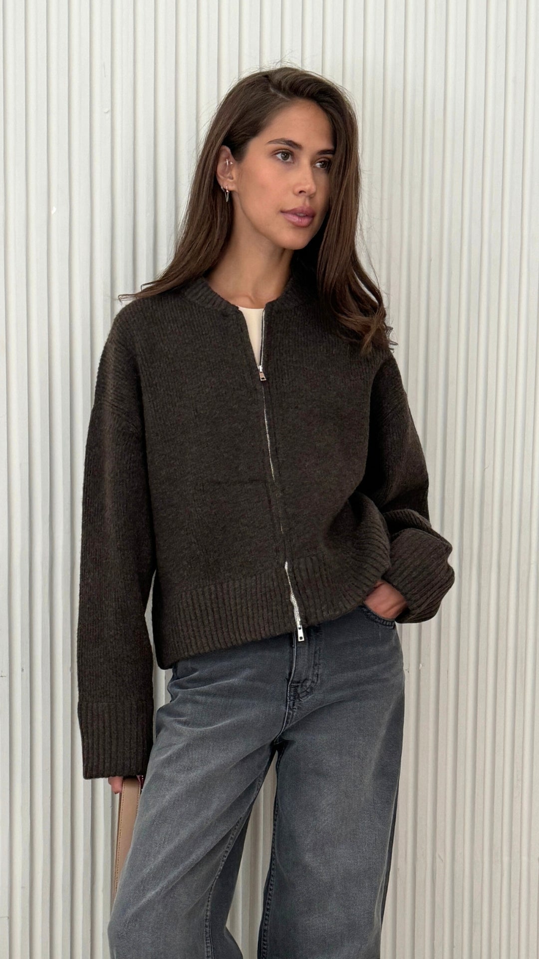 Charli Zoe cardigan in espresso standing