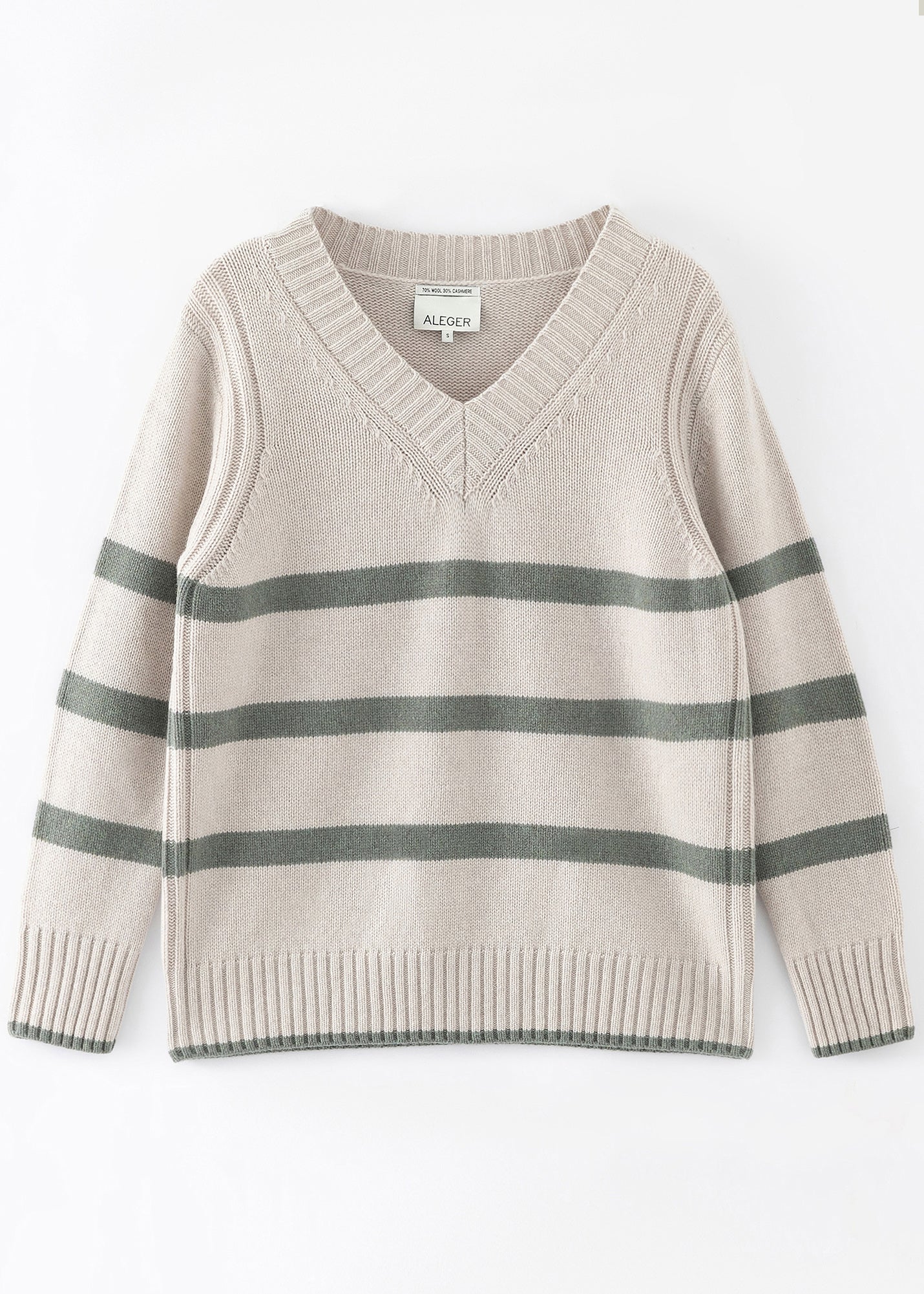 Aleger cashmere jumper – v-neck in woodland stripe flat lay front shot