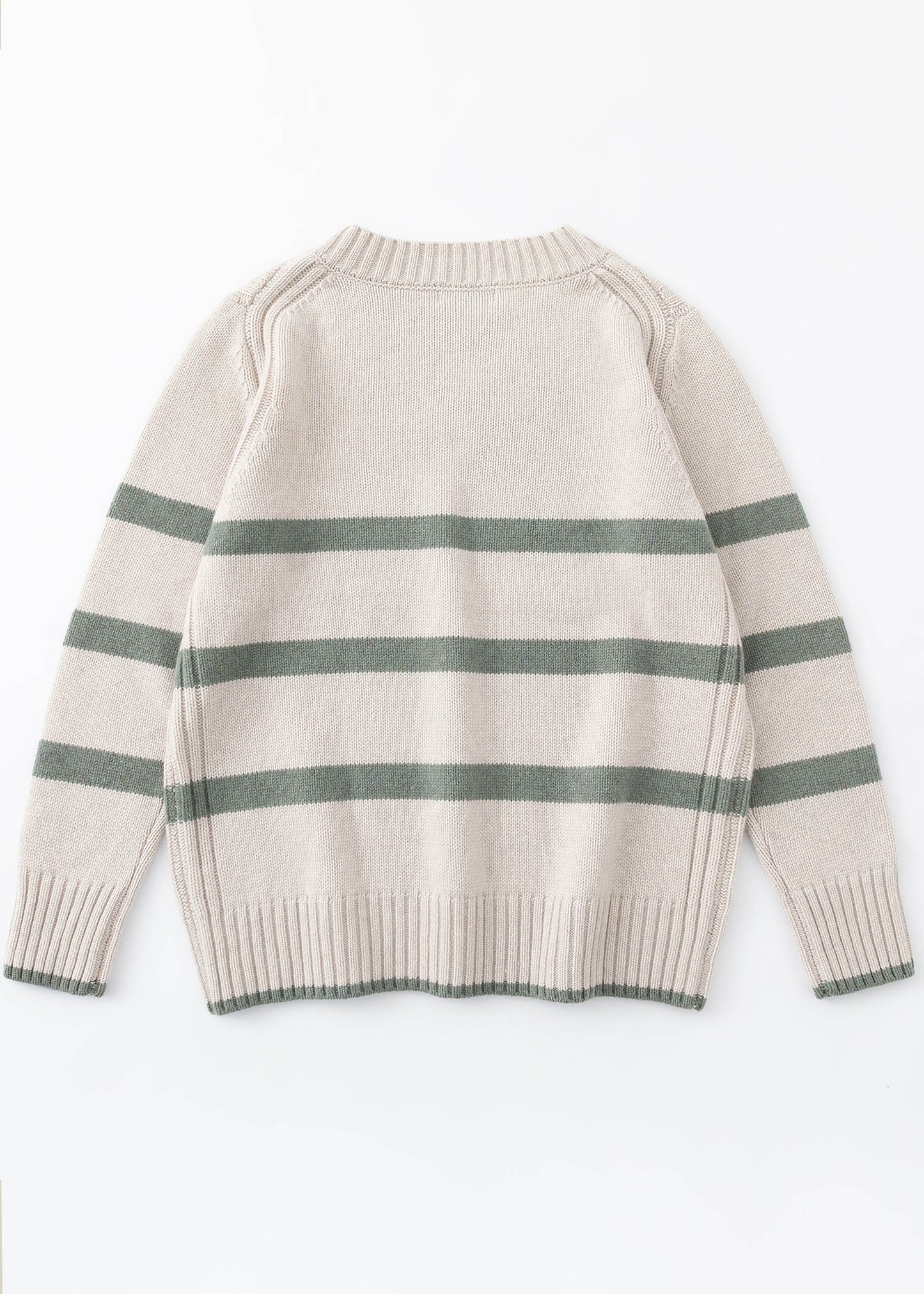 Aleger cashmere jumper – v-neck in woodland stripe flat lay back shot