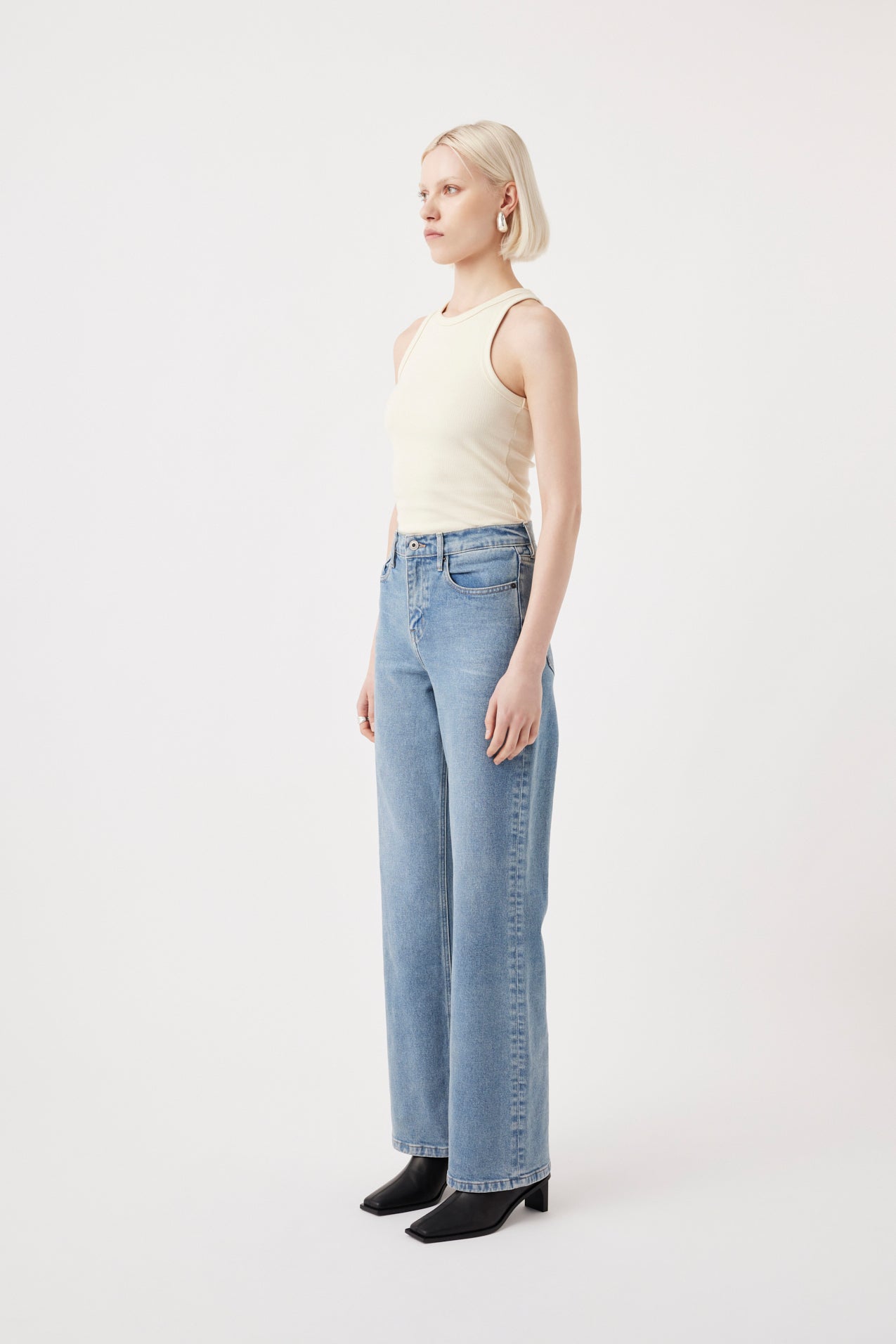 Outland Denim women's relaxed straight leg Farrah jeans side on