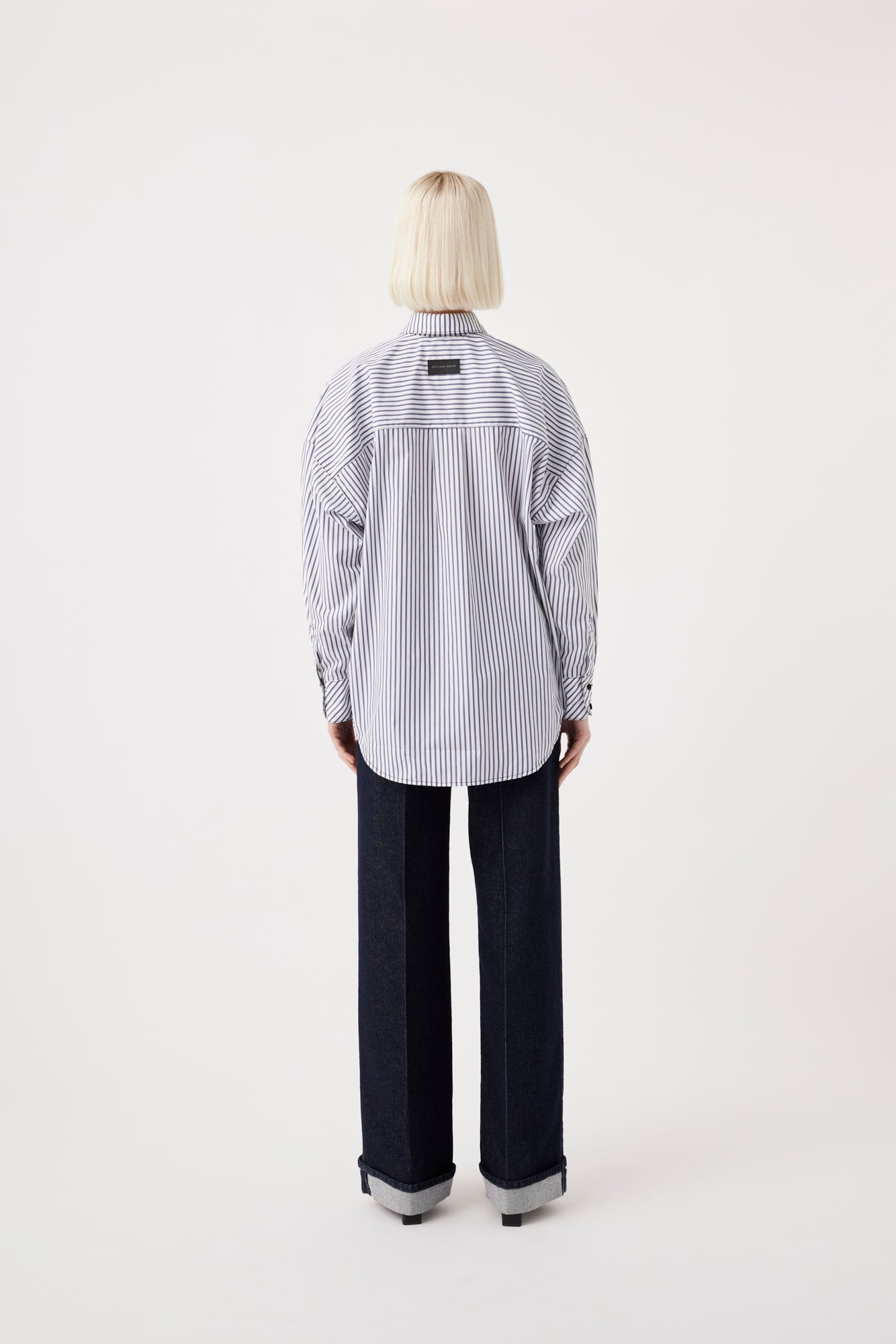 Outland denim Maya shirt in navy & white stripe back shot