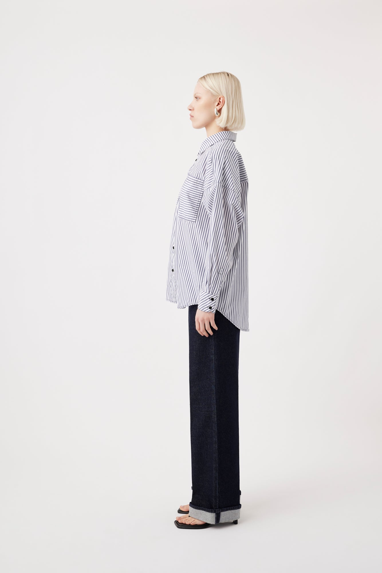 Outland denim Maya shirt in navy & white stripe side shot 2