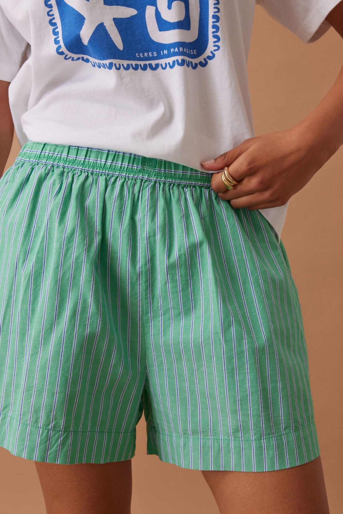 Ceres Life Mila Short in Zesty green stripe on model close up