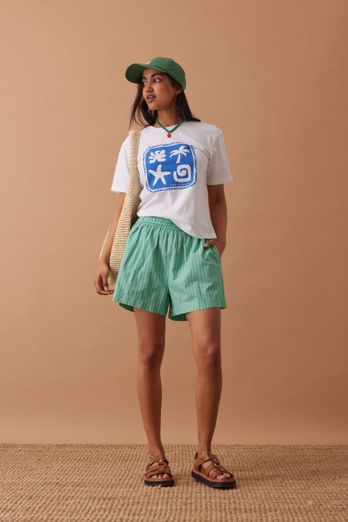 Ceres Life Mila Short in Zesty green stripe on model 2