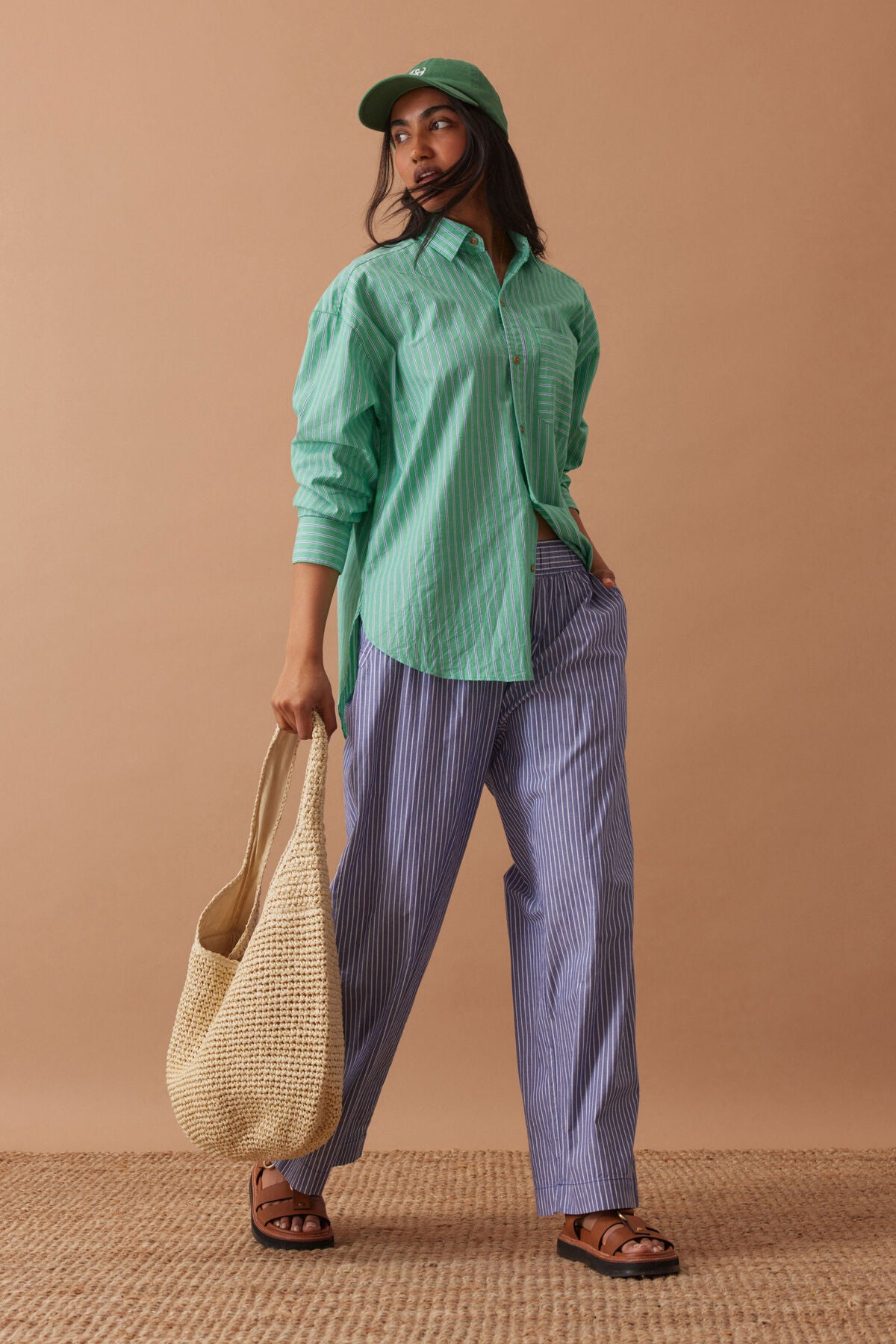 Ceres Life Peta Oversized Shirt in Zesty Green Triple Stripe on model 2