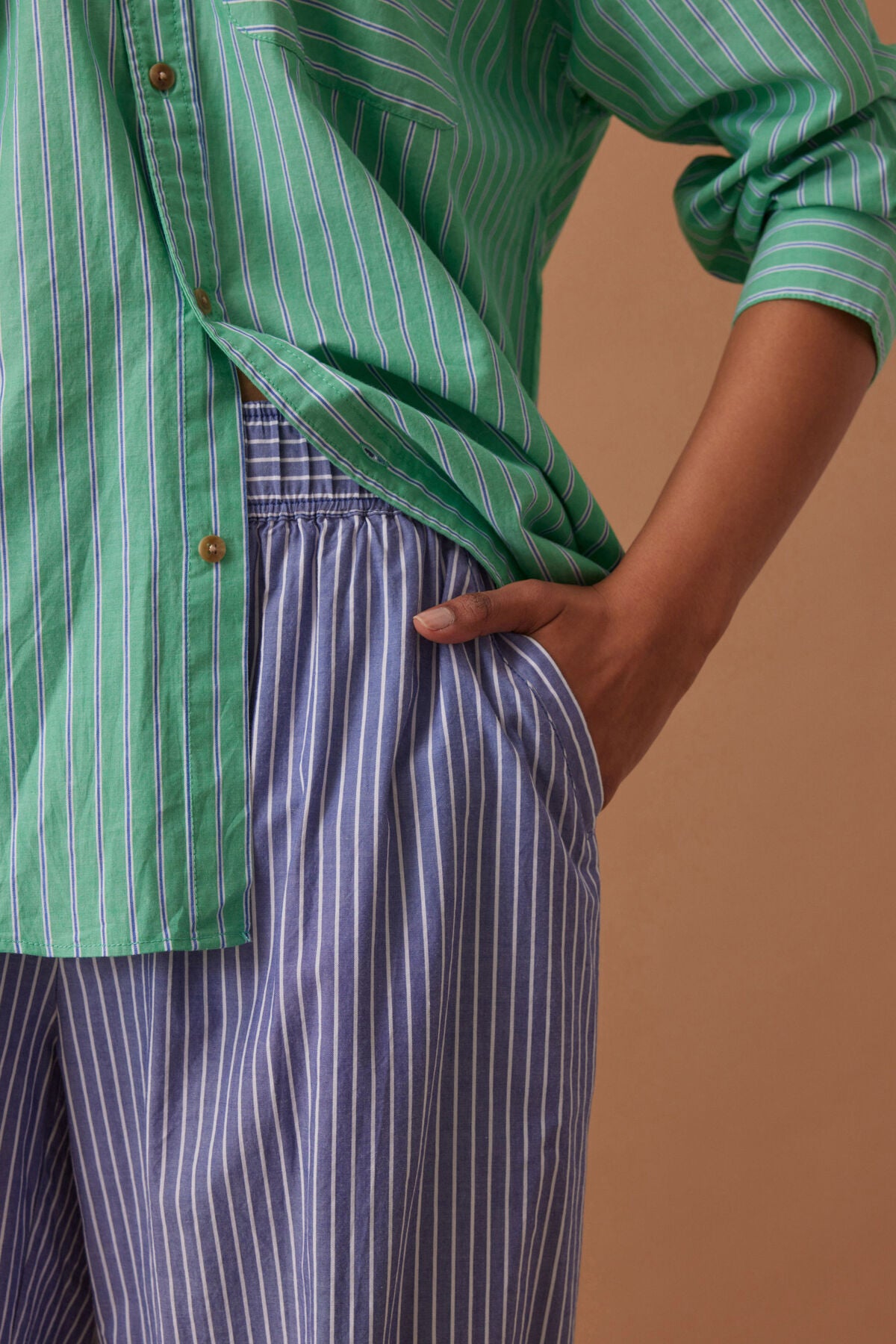 Ceres Life Peta Oversized Shirt in Zesty Green Triple Stripe on model close up