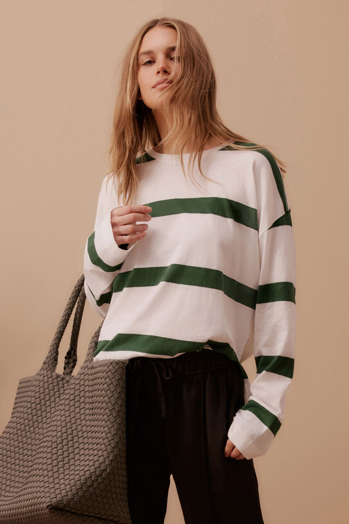 Scout Slouchy Long Sleeve Tee – Vanilla & Pine Green Stripe