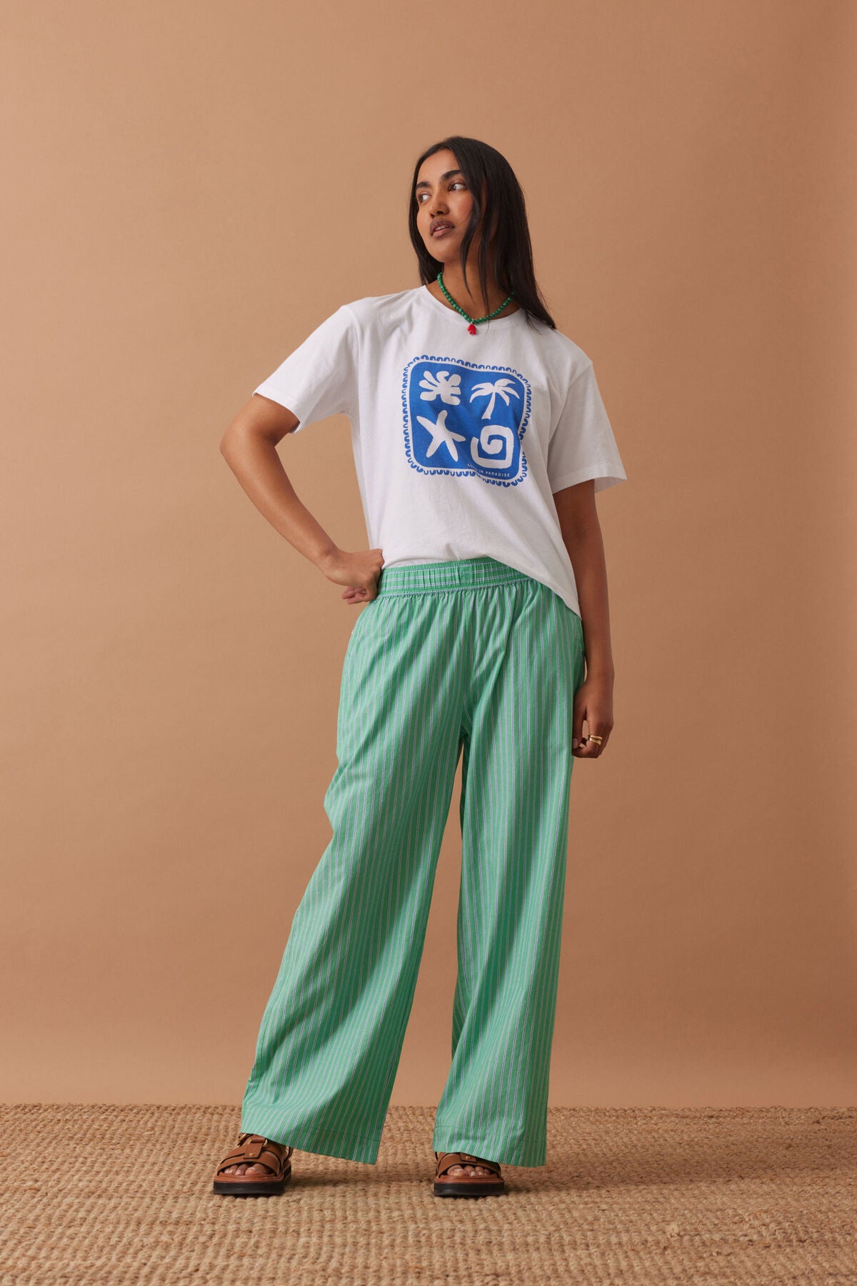 Ceres Life The Lounge Pant – Zesty Green Triple Stripe on model 2