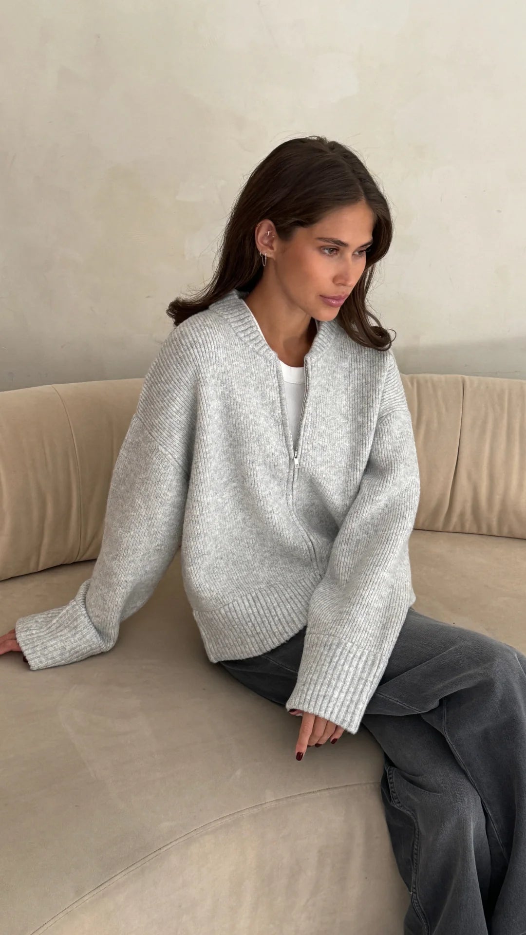 Charli – Zoe cardi in silver model sitting down