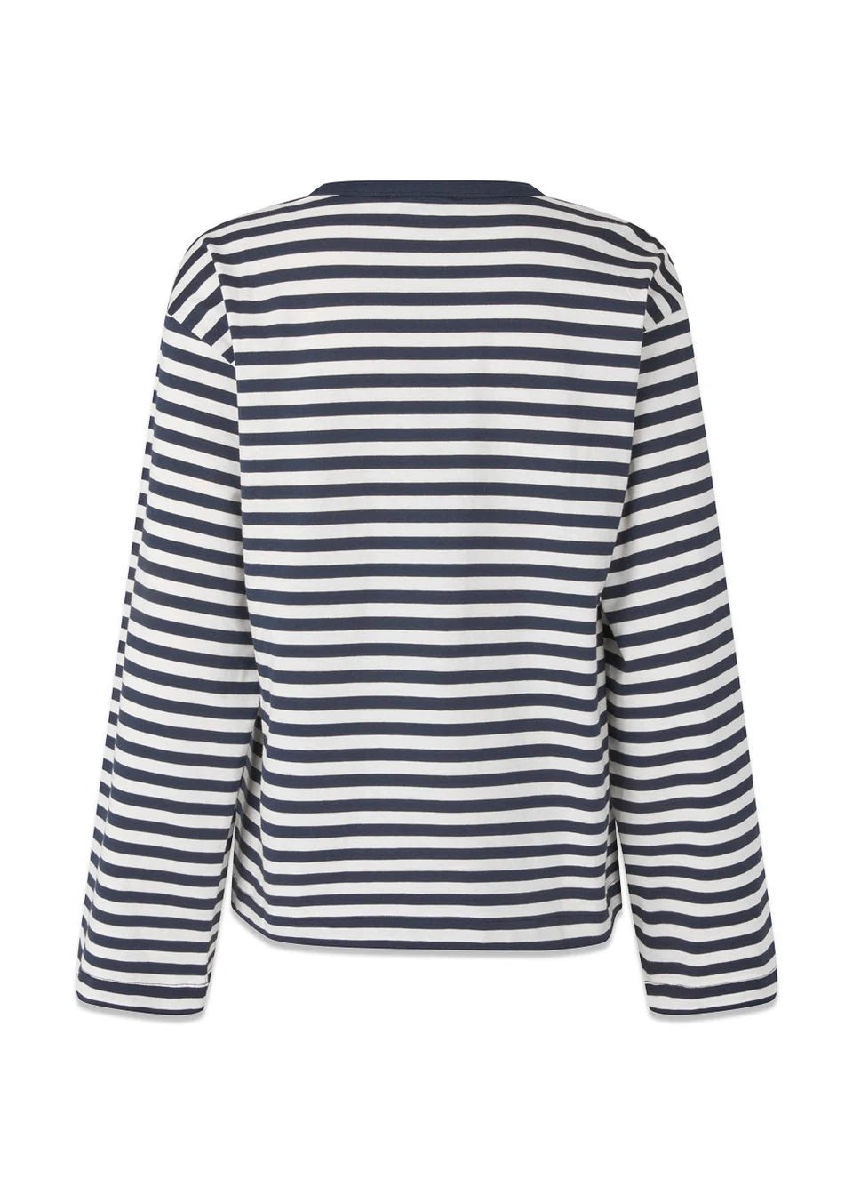 Modström Hellen Long-Sleeve Stripe Tee in Navy & White Stripe flat lay back shot