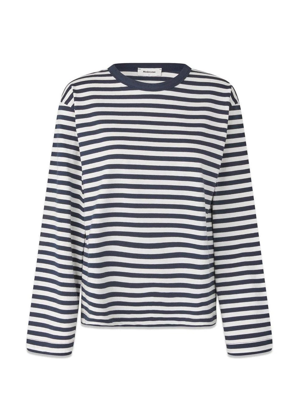 Modström Hellen Long-Sleeve Stripe Tee in Navy & White Stripe flat lay