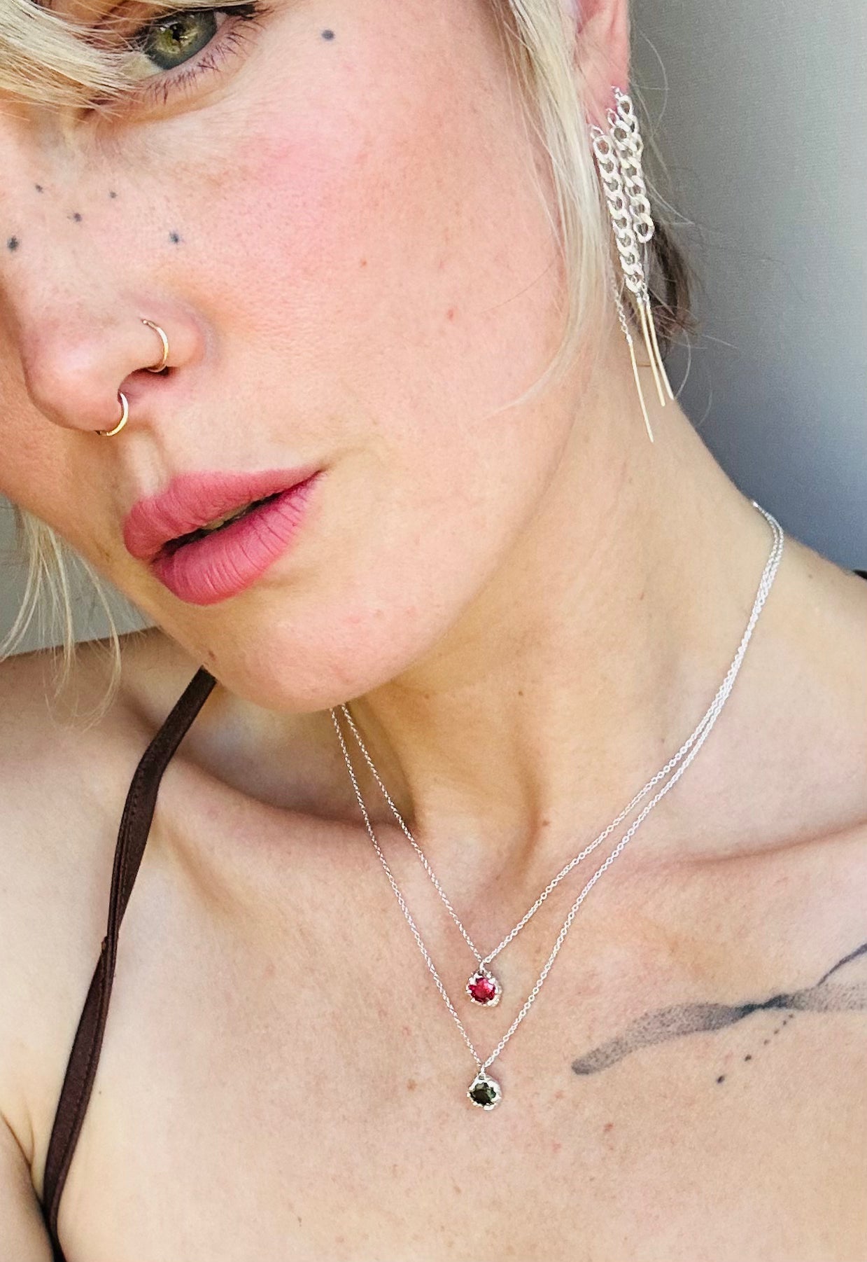 Karlek sterling silver necklace with ruby stacked on Charli
