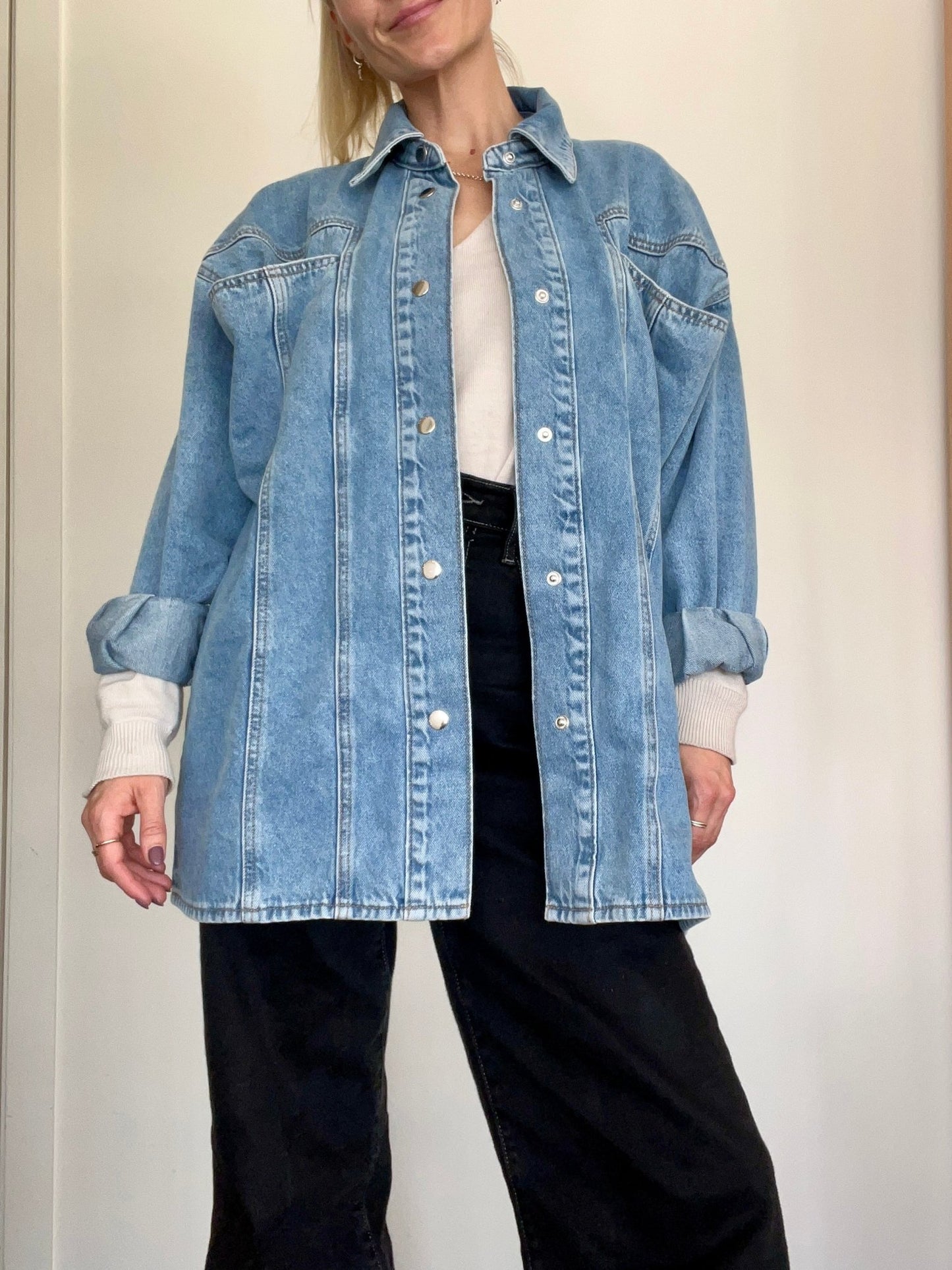 Erica shirt worn by founder with Ellie high wide jeans