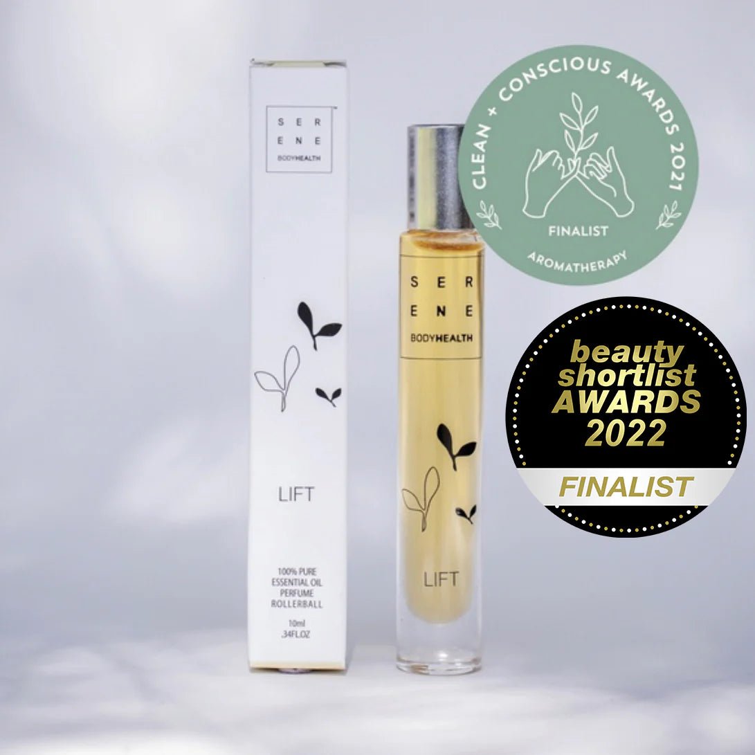 Serene Body Health Lift roll on perfume and box