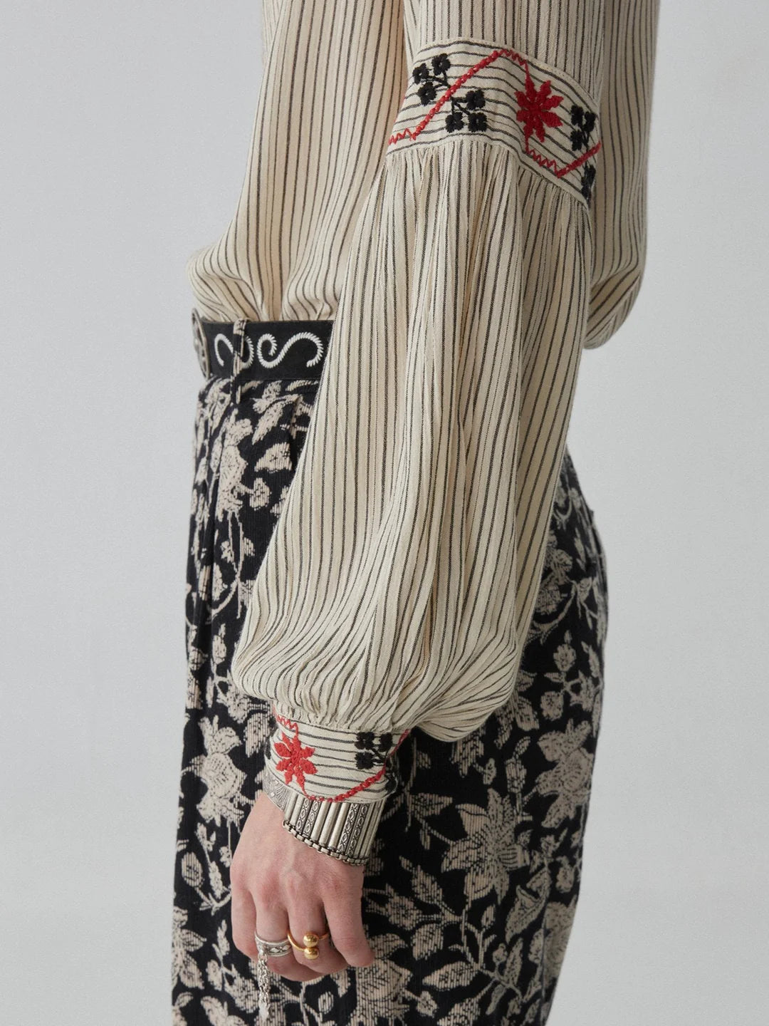 Maison Hotel Tina Blouse in stripes close up of cuffs