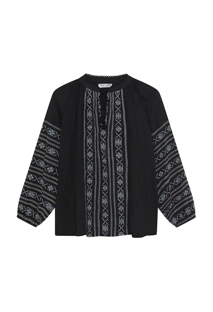 Maison Hotel Virginia Blouse in dusty Blue flat lay
