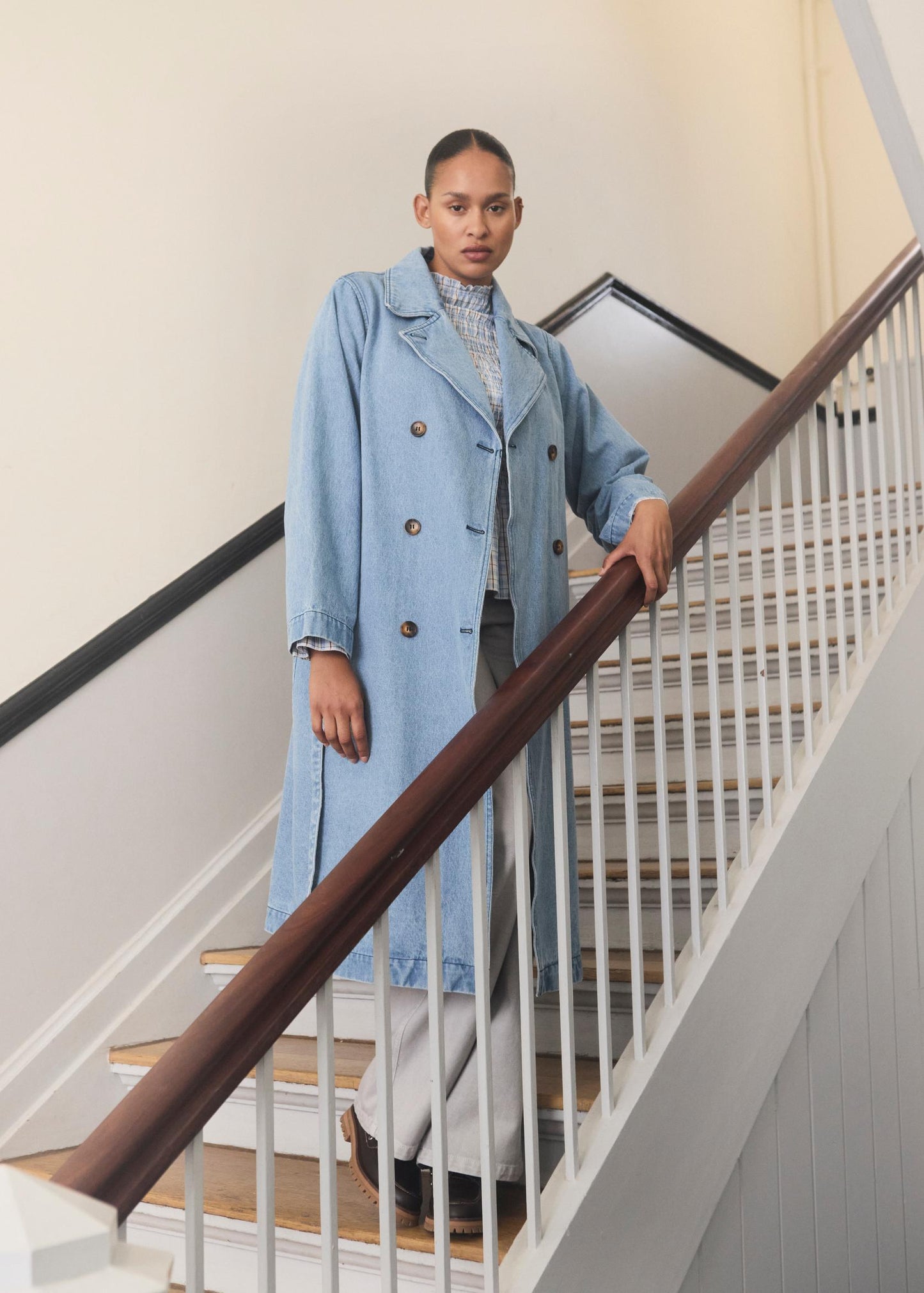 Modstrom Madeline MD Denim Trench Coat campaign shot on stairs