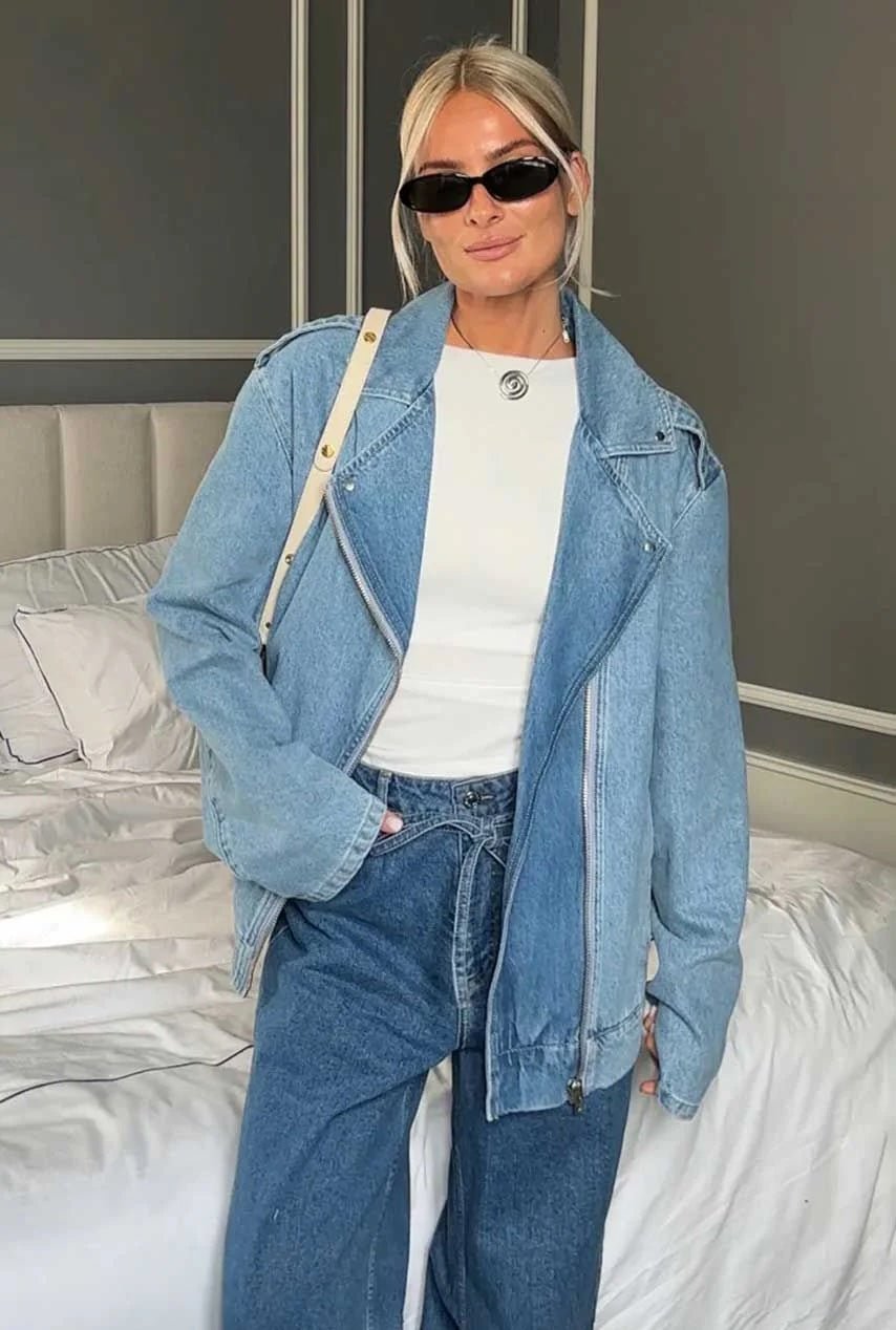Modström Iben Denim Jacket in 80s Blue Wash on model