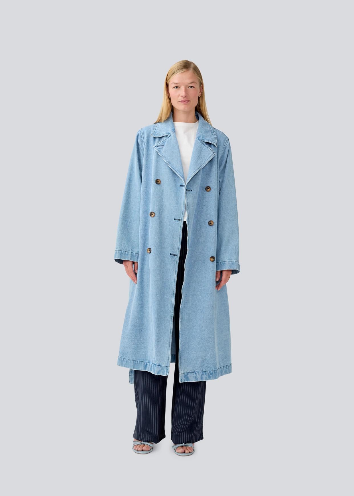 Modstrom Madeline MD Denim Trench Coat on model front shot
