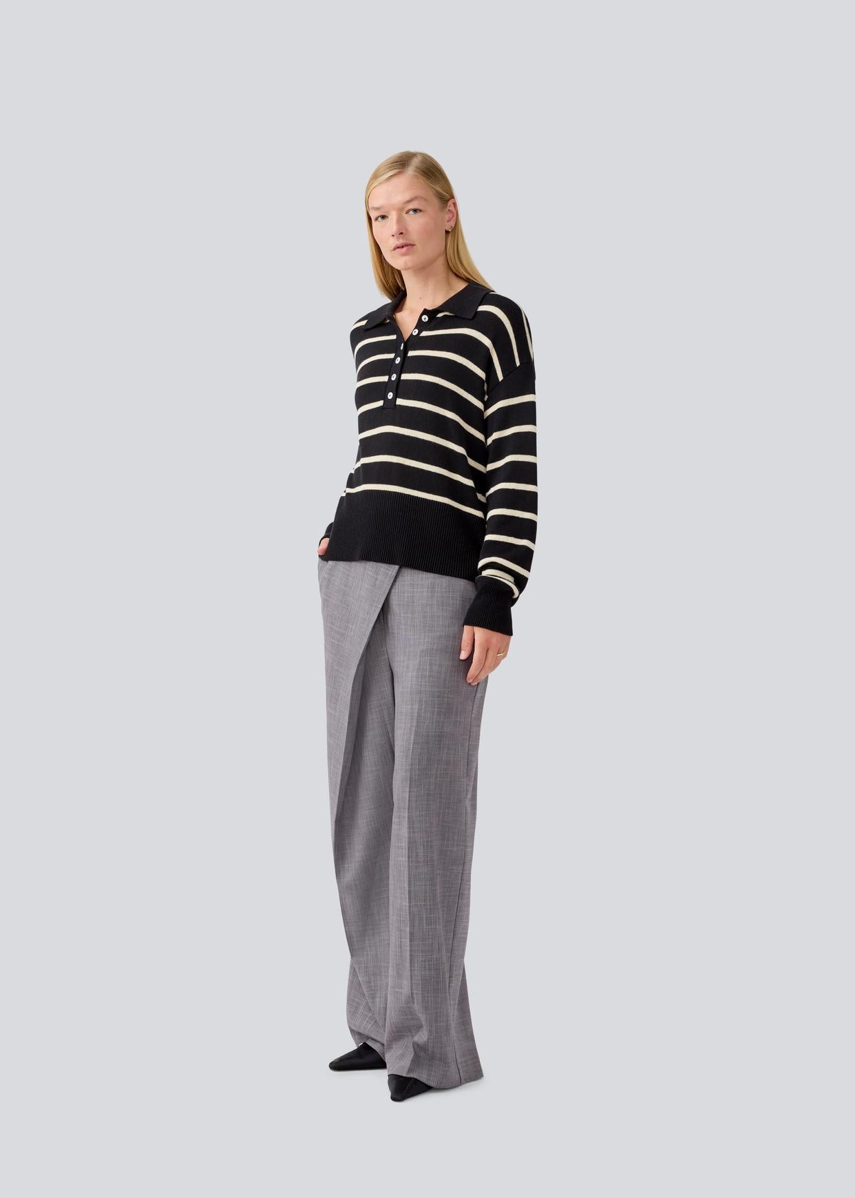 Modstrom Malva MD Stripe Polo – Black & Sand Stripe on model front shot
