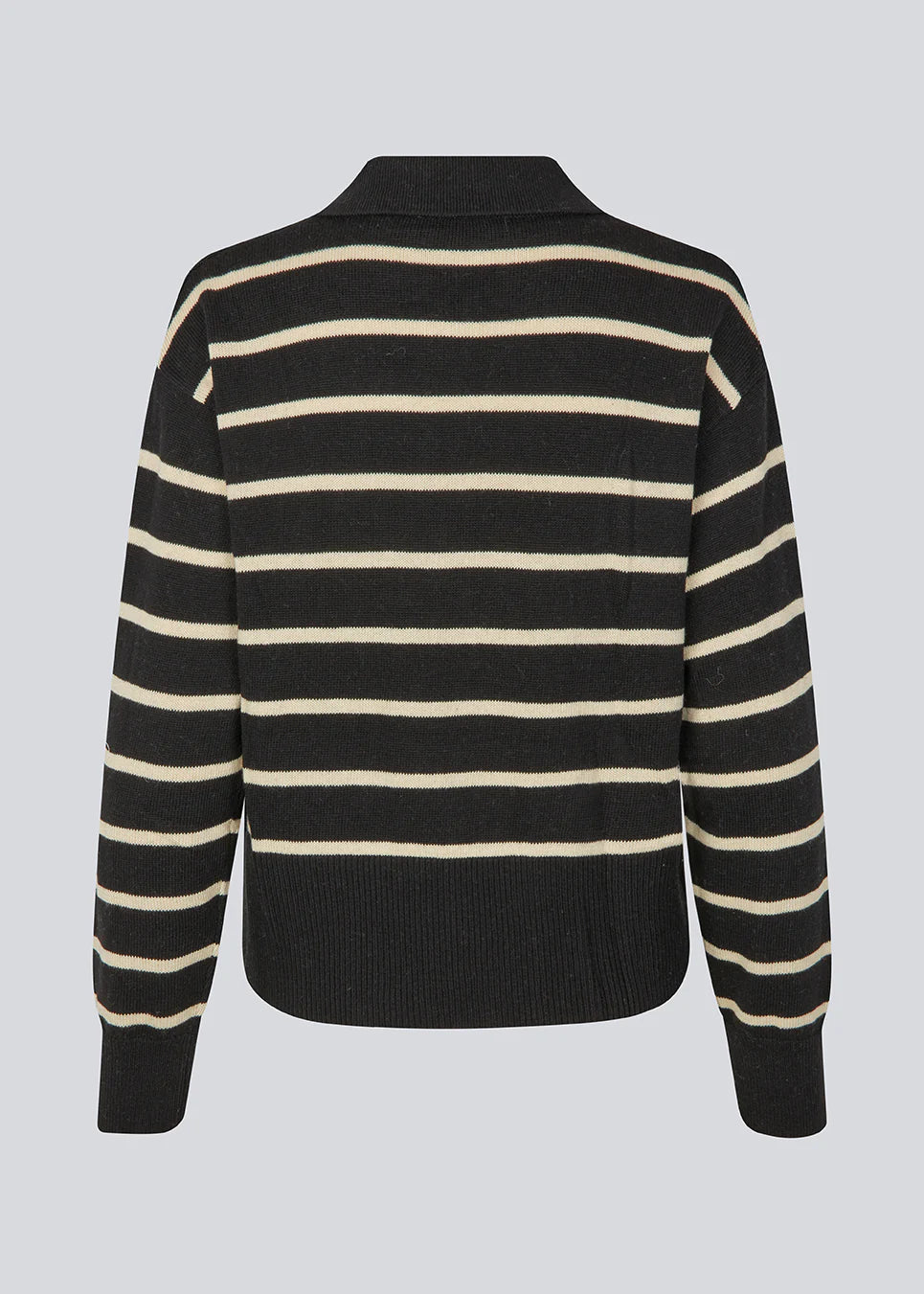 Modstrom Malva MD Stripe Polo – Black & Sand Stripe flat lay back shot
