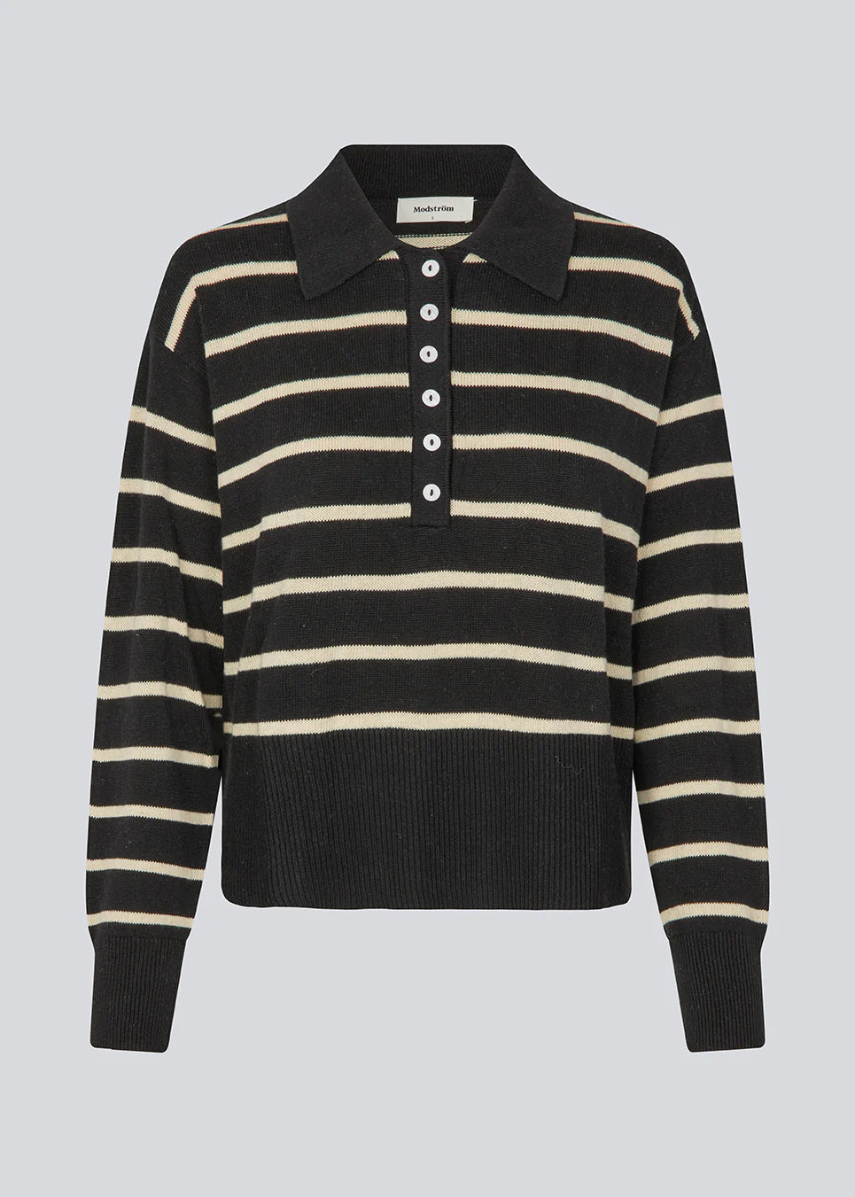 Modstrom Malva MD Stripe Polo – Black & Sand Stripe flat lay front shot