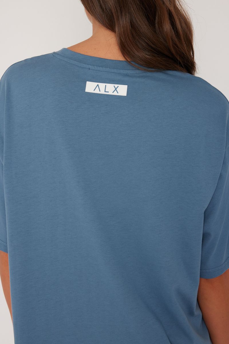 Alexandra women's Nix t-shirt in blue back shot close up