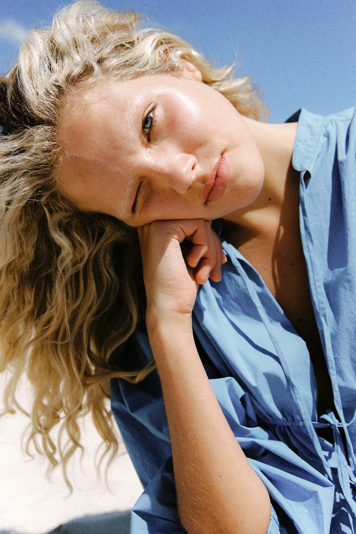 Rowie the label Piper mini dress in cerulean blue campaign shot close up