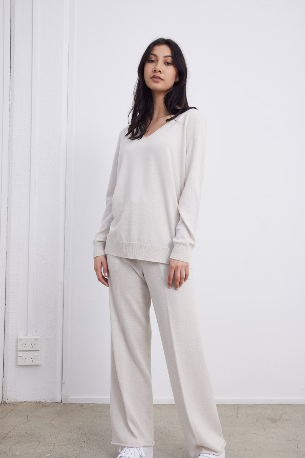 Standard Issue merino v-neck slouchy sweater in alabaster white