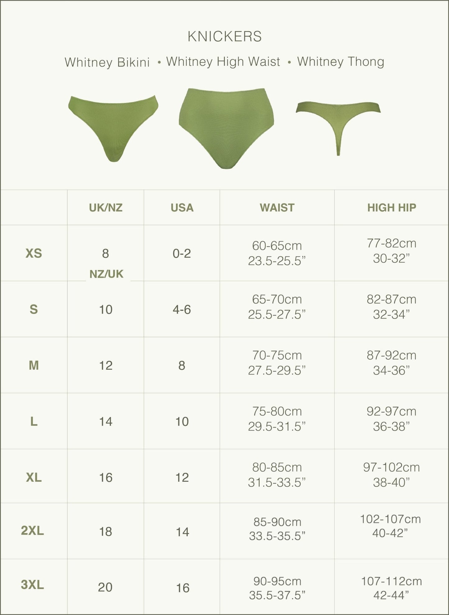 Videris knickers – size chart