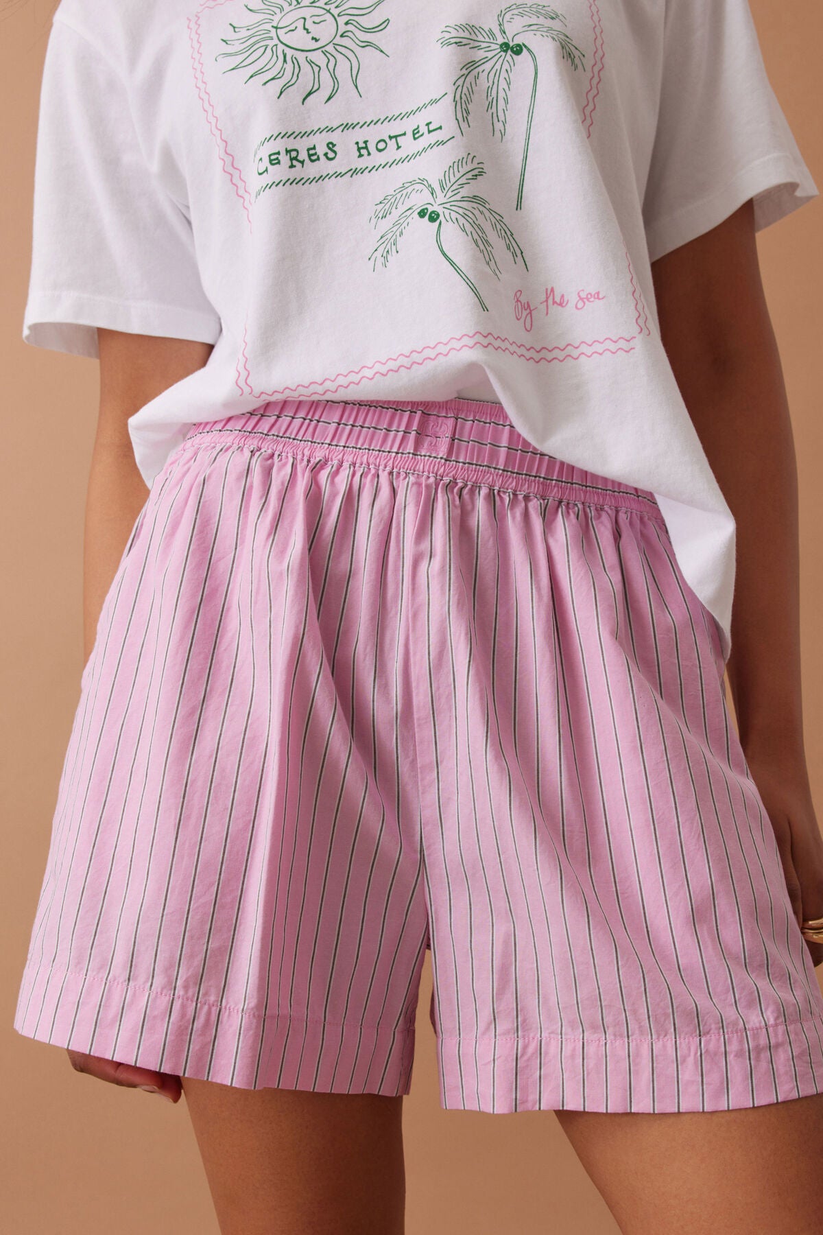 Ceres Life Mila Short in Hibiscus Pink Triple Stripe on model close up