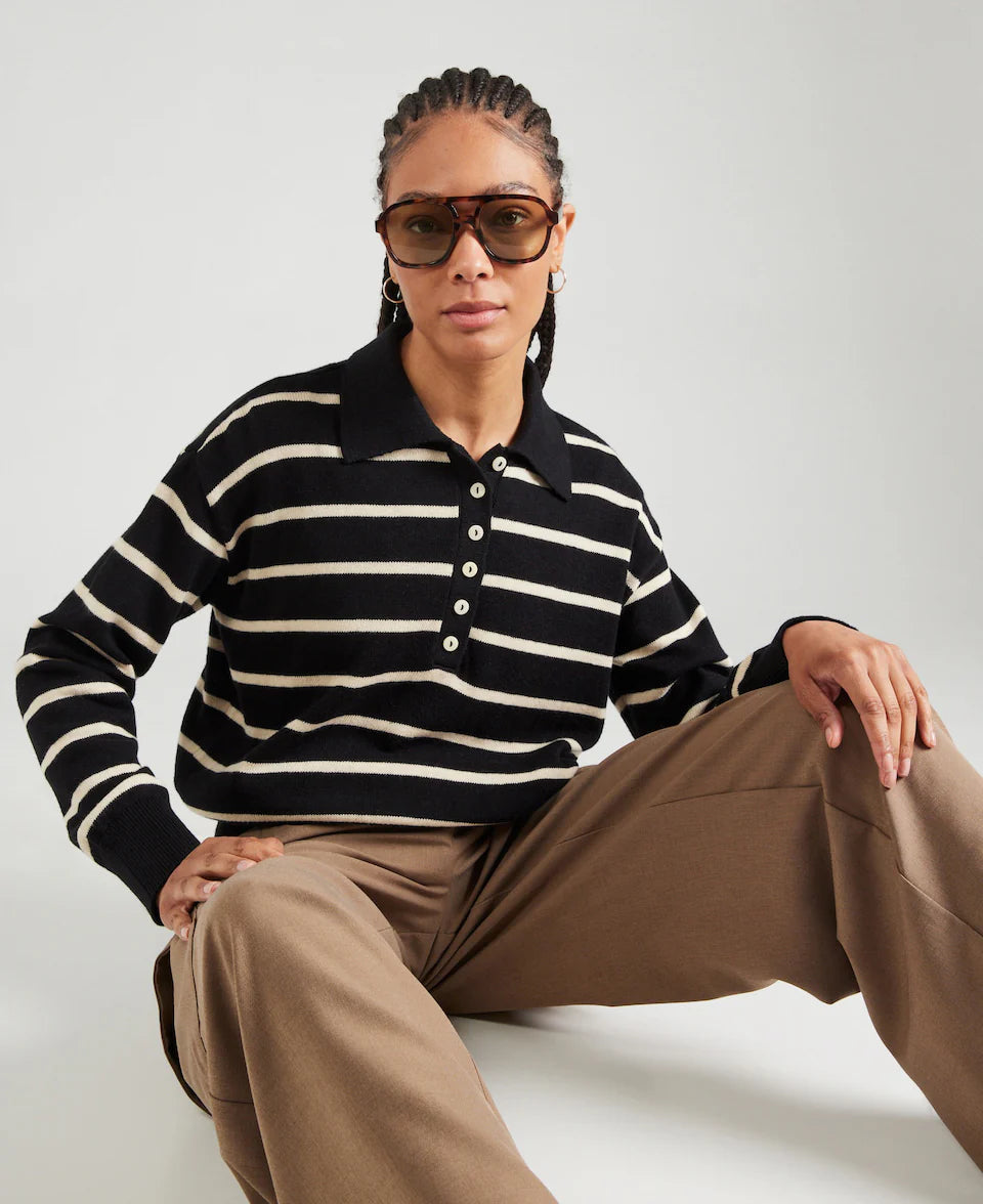 Malva MD Stripe Polo – Black & Sand Stripe