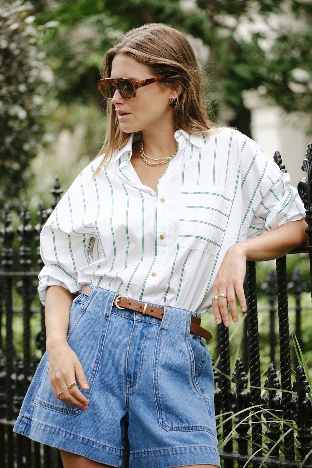 Ceres oversized striped shirt on model