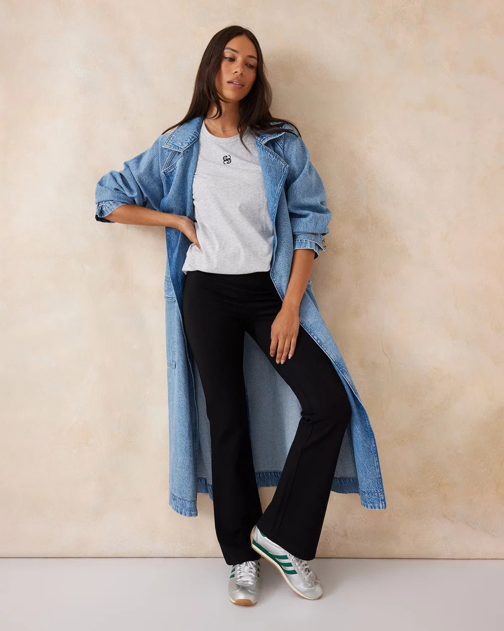 Ceres Life Ponte pant in black styled with denim trench