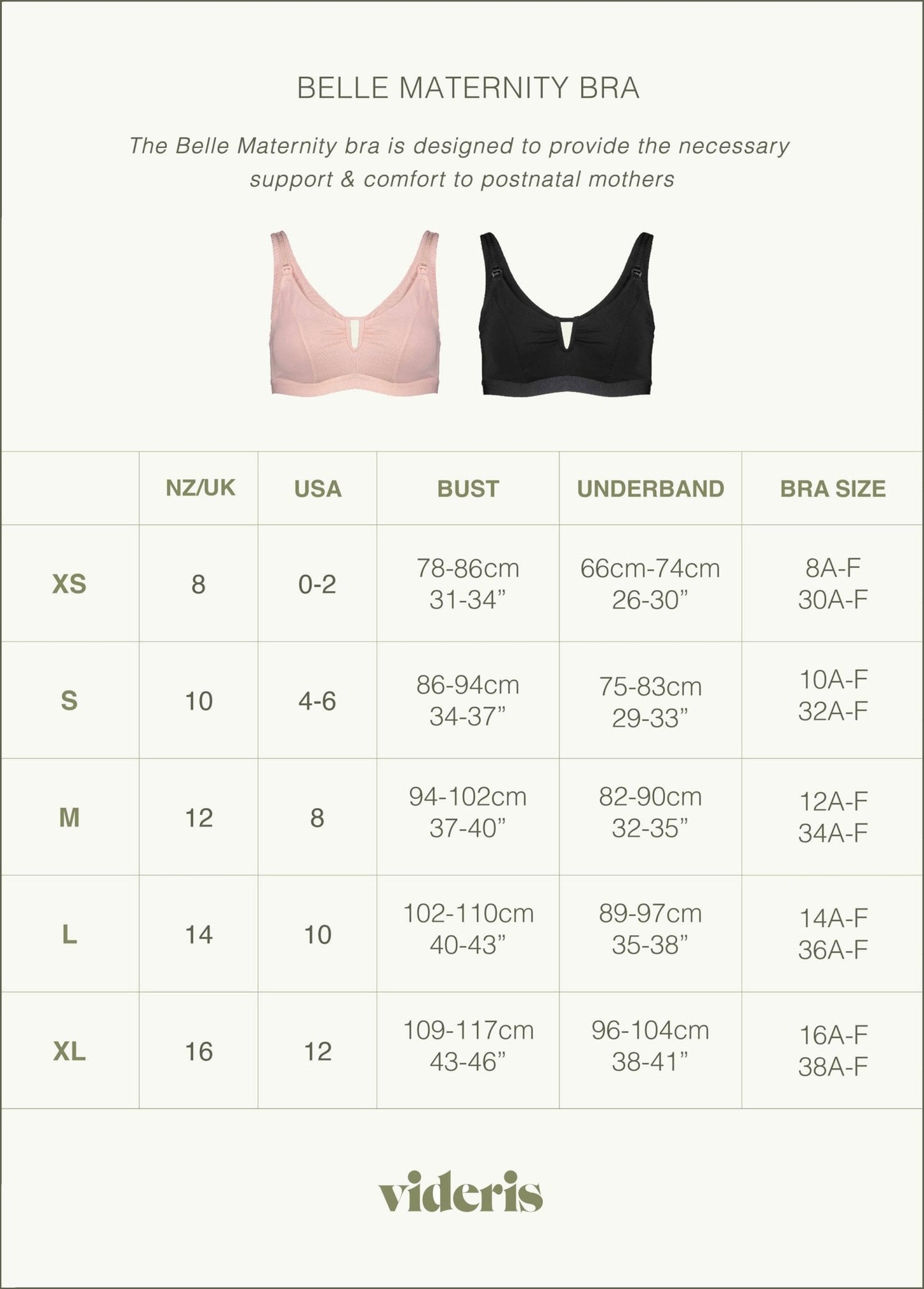 Size chat for Belle maternity bra