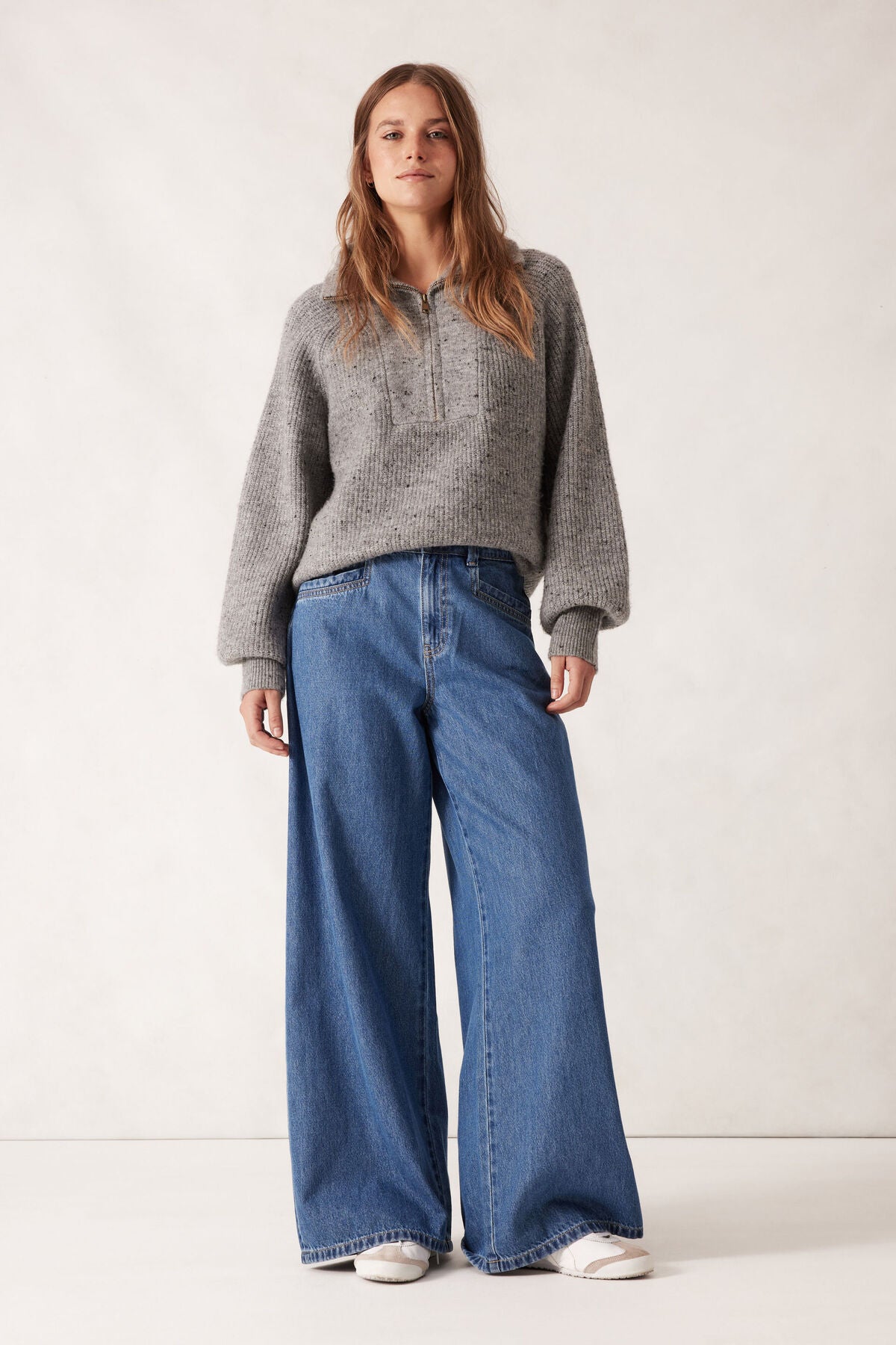 Ceres Life slouchy knit sweater in mid grey full body shot