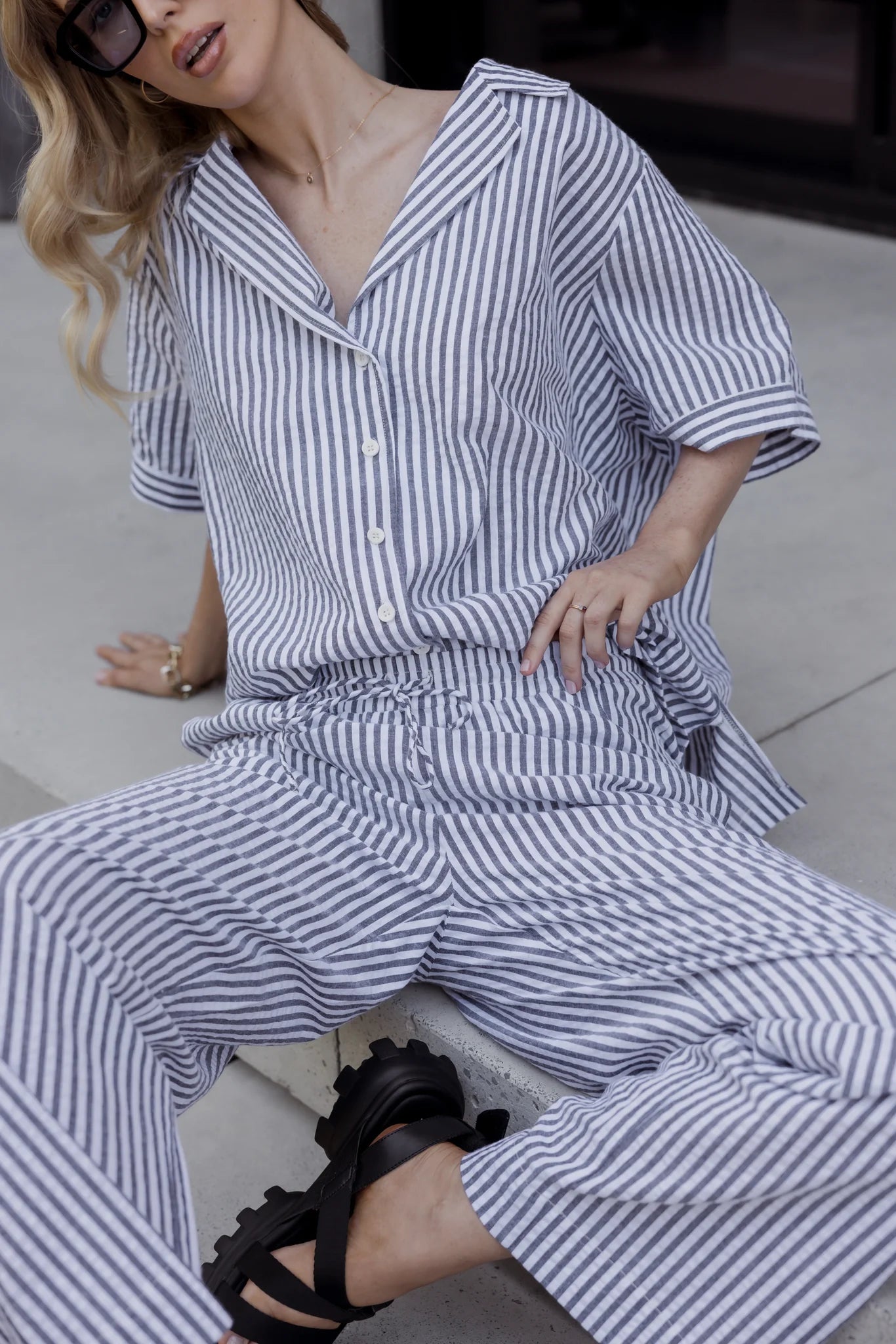 Denis pants in black stripe model shot on location