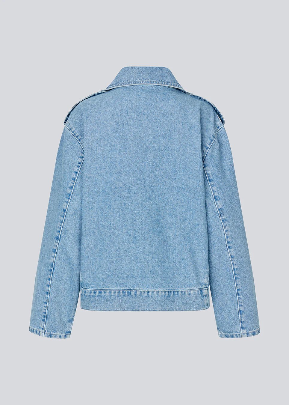 Modström Iben Denim Jacket in 80s Blue Wash flat lay back shot