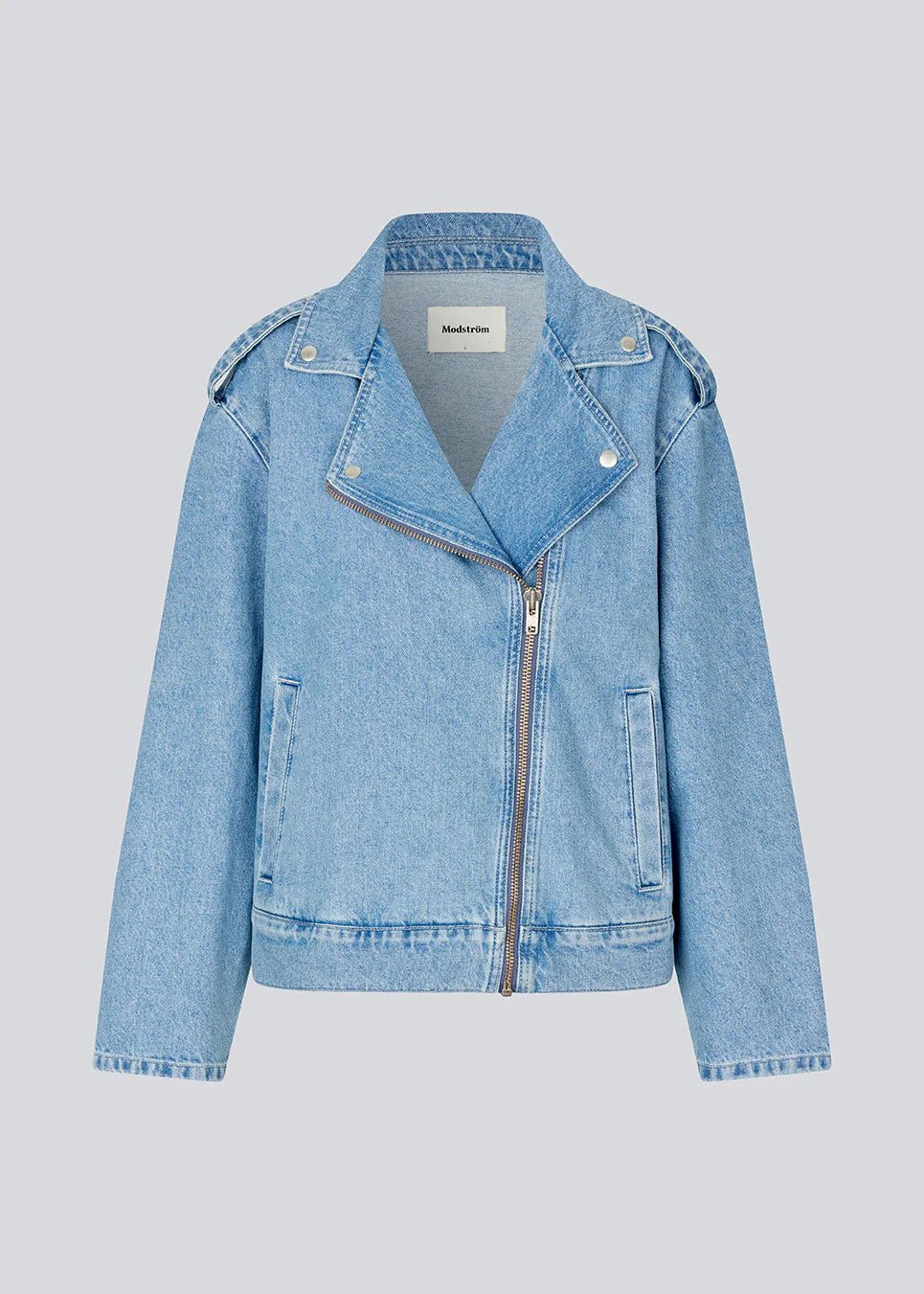 Modström Iben Denim Jacket in 80s Blue Wash flat lay