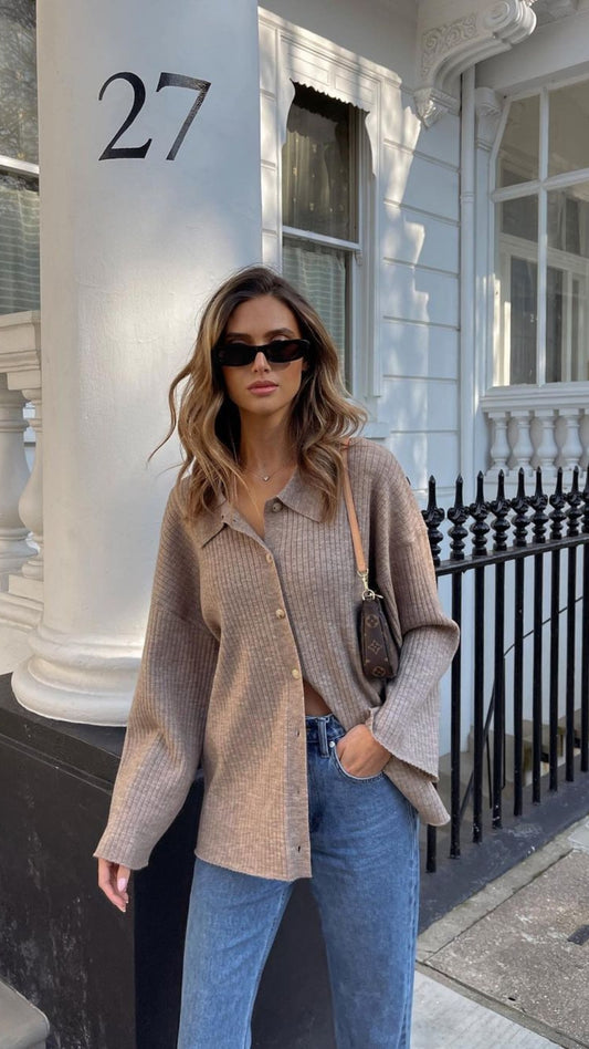 Charli Dominika cardi in biscuit – campaign shot 