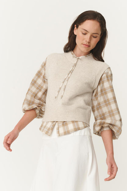 Rowie quinn merino knit vest in oat marle studio shot