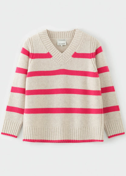 Aleger Cashmere Jumper – pink stripe v-neck front lay front shot
