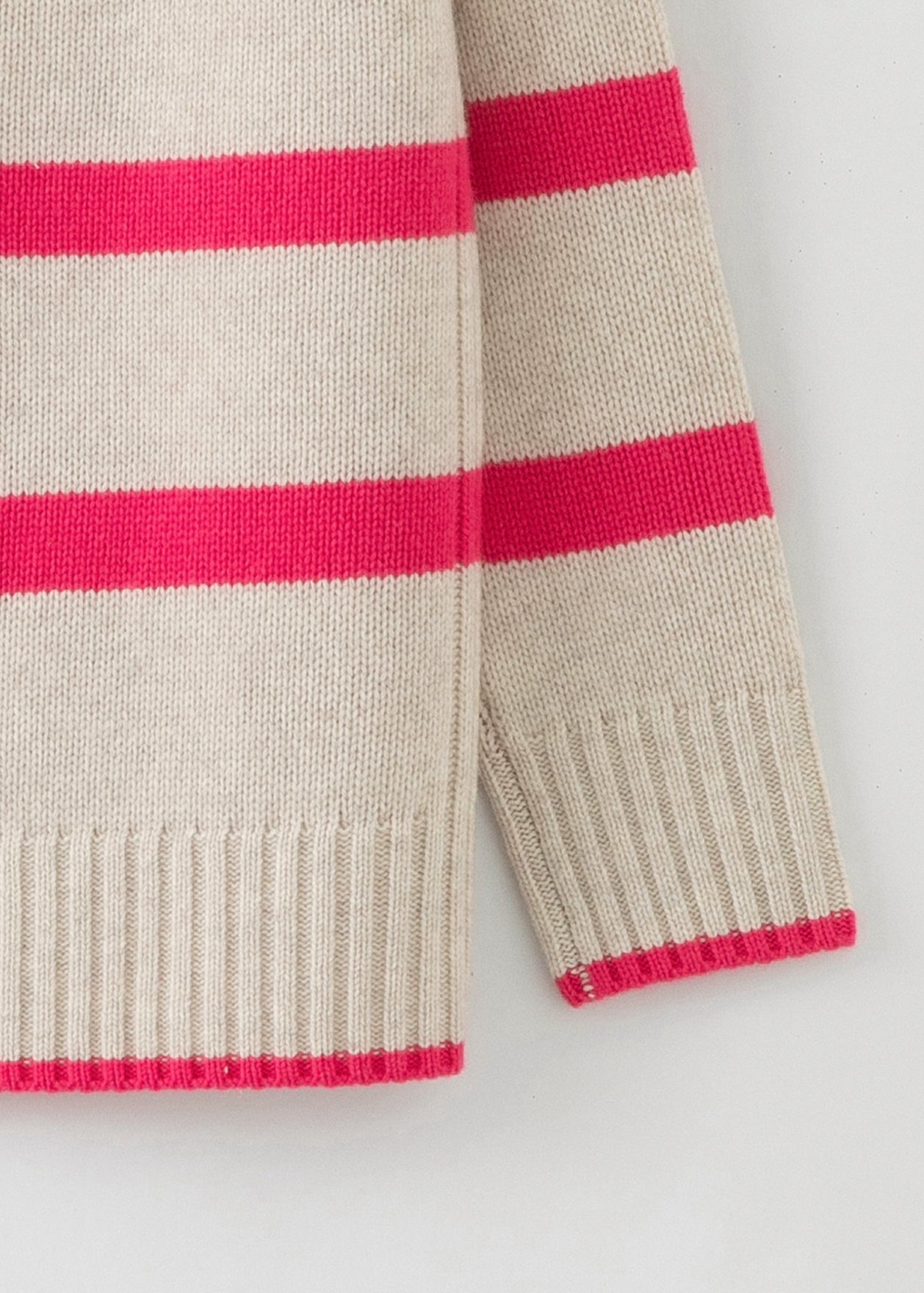 Aleger Cashmere Jumper – pink stripe v-neck ribbed detail