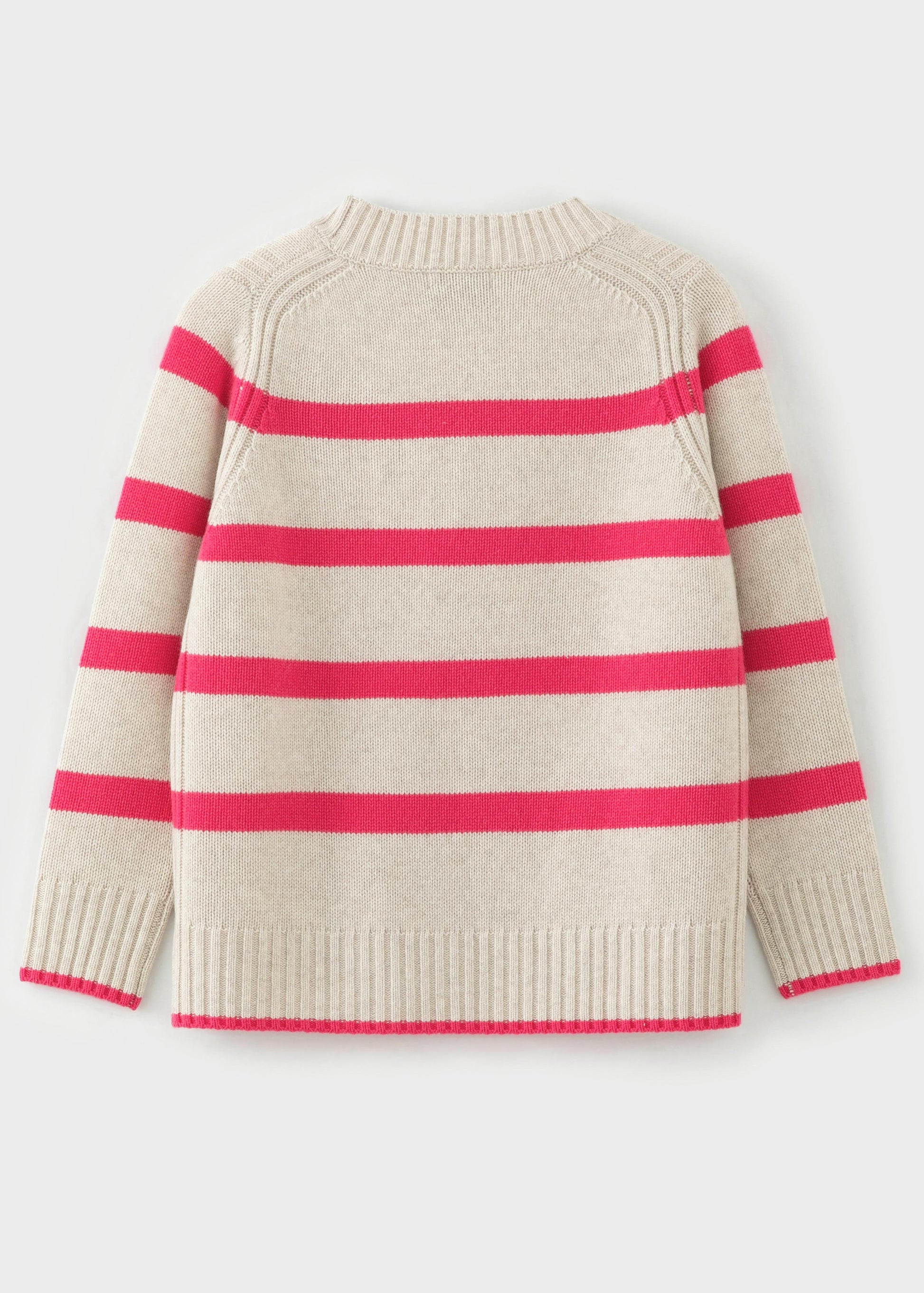 Aleger Cashmere Jumper – pink stripe v-neck flat lay back shot