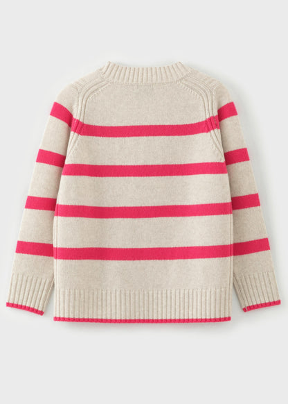 Aleger Cashmere Jumper – pink stripe v-neck flat lay back shot