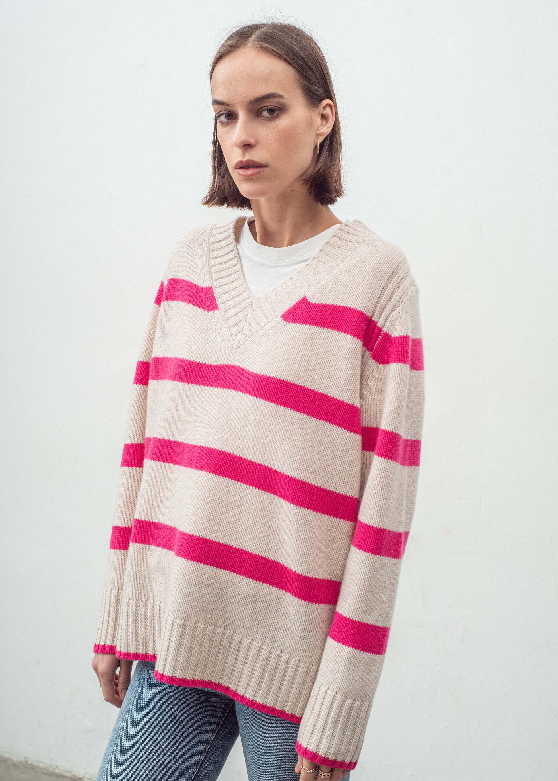 Aleger Cashmere Jumper – pink stripe v-neck side angle