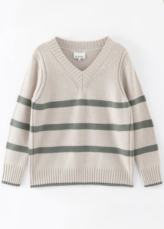 Aleger cashmere jumper – v-neck in woodland stripe flat lay front shot