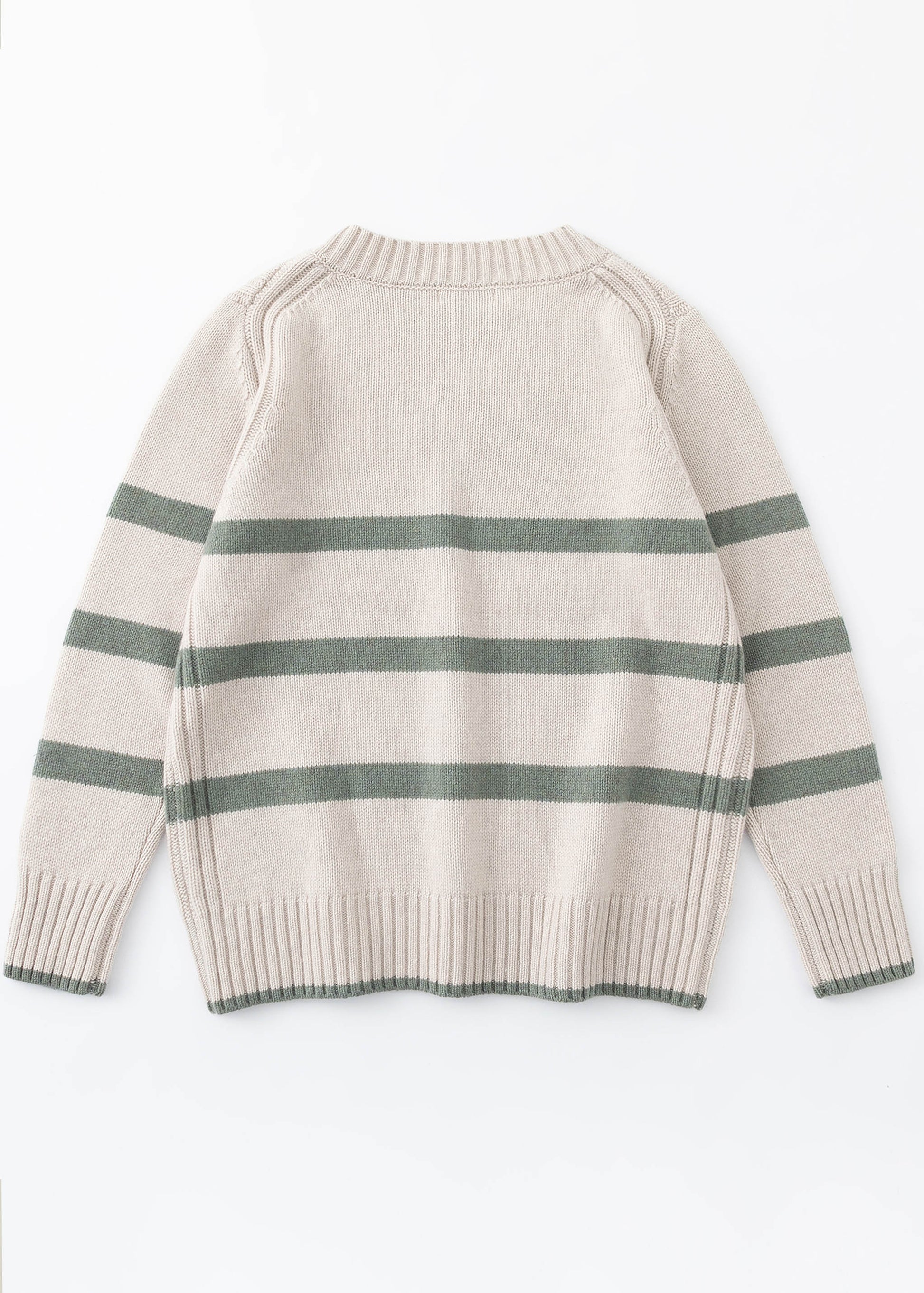 Aleger cashmere jumper – v-neck in woodland stripe flat lay back shot
