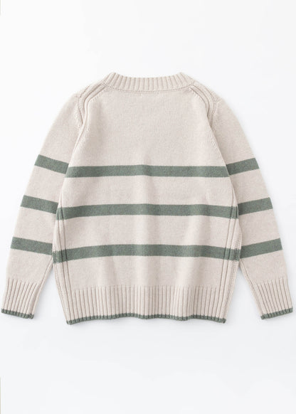 Aleger cashmere jumper – v-neck in woodland stripe flat lay back shot