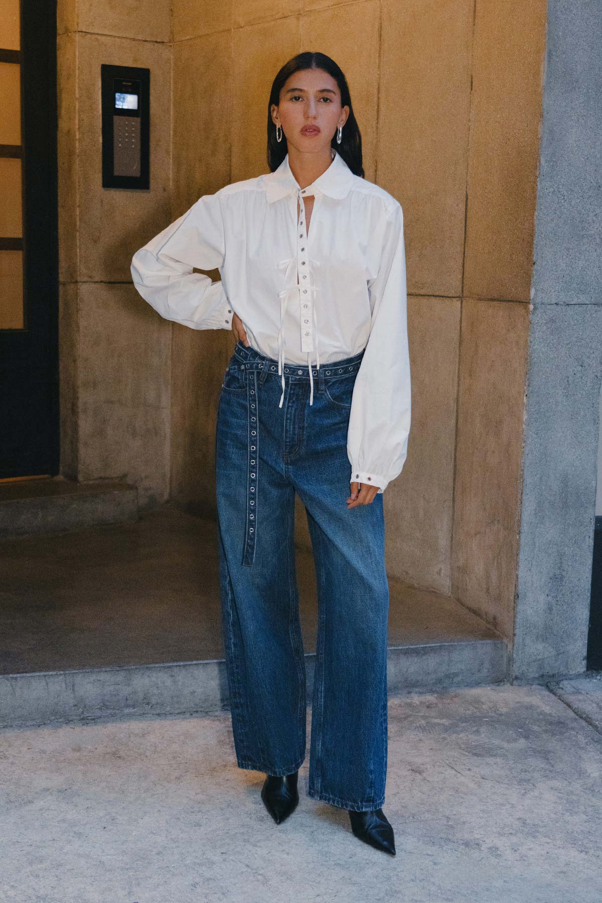 Rowie heritage barrel leg jeans in classic indigo campaign shot 